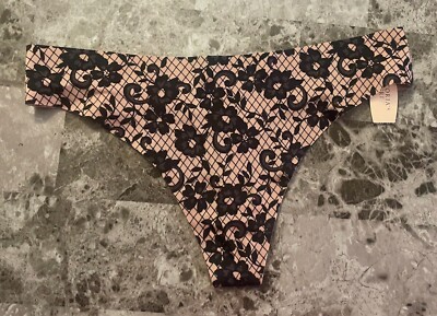 NWT VICTORIA'S SECRET SMALL BLACK FLORAL SMOOTH THICK RARE NO SHOW THONG PANTIES