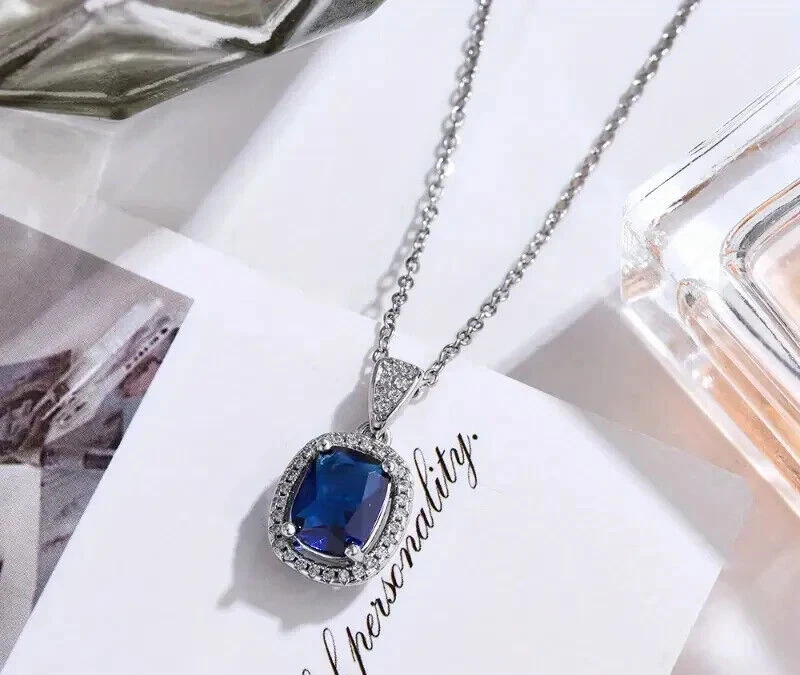 Juego de Pendientes Collar Anillo Nupcial Creado en Laboratorio Zafiro Azul Chapado en Oro Blanco 14K Foto 2 de 4