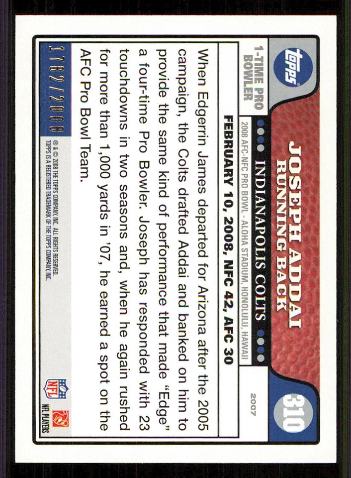 2008 Topps Gold Border #310 Joseph Addai PB /2008 - Image 2 of 2