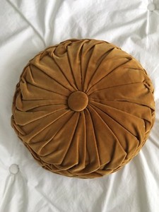 Tambourine Pillow Velvet Mustard Yellow Gold Tufted Round Button Center Vintage