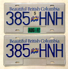 PAIR 2007 British Columbia Passenger License Plates 385*HNH (natural)