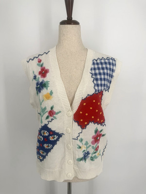 VTG Bechamel Floral Button Up Knit Sleeveless Vest Women's Medium Garden Spring