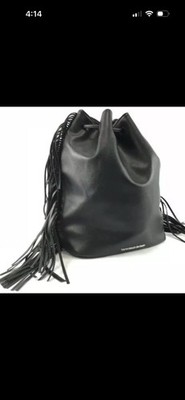 Victoria's Secret Black Fringe Faux Leather Drawstring Backpack Tote Bag Purse