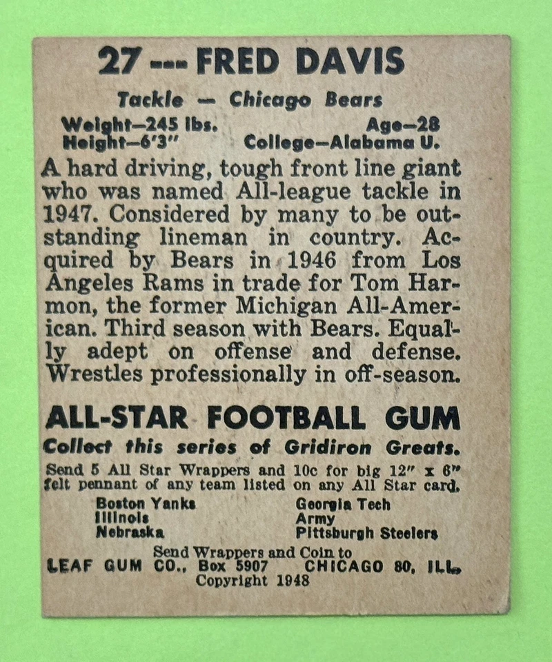 1948 Leaf Fred Davis RC Chicago Bears Alabama - Image 2 of 2