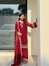 Stylish Red Heavy French Crap Top Palazzo With Dupatta For Wedding Wear