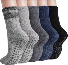 Mens Fuzzy Socks with Grips, Fluffy Warm Slipper Socks 5 Pairs  Non Slip Grippy