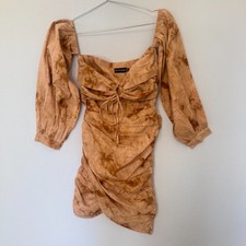 PrettyLittleThing Women's US 2 Beige Tie Dye Ruched Off Shoulder Mini Dress NWT