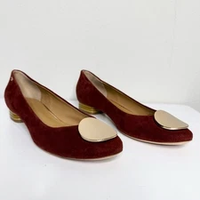 TORY BURCH Platos Suede Low Heel Flats Burgundy Gold Toe Plate Size 8