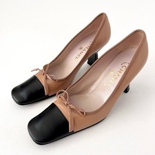 CHANEL Vintage Beige Black Leather Cap Toe Square Pumps Bow Logo EU 37.5