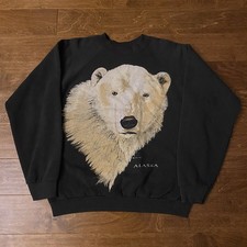 Vtg 90s USA Large Polar Bear Alaska Animal Black Sweatshirt XL