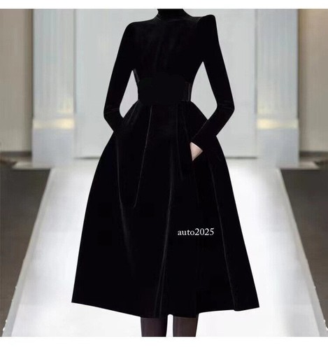 Women Turtleneck Ball Gown Black Velvet Long Sleeve A Line High Waist Tutu Dress - Picture 9 of 18