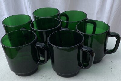 Green Vintage France Mug Set 7 1970s Believed Arcoroc Cups Translucent Glass Ebay
