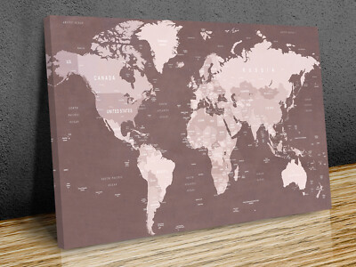 Classic World map countries capitals brown green  tones mounted  canvas print