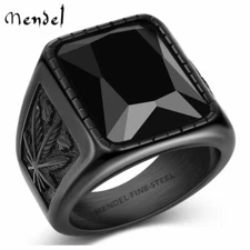 MENDEL Mens Stainless Steel Black Onyx Cannabis Ring Size 7 8 9 10 11 12 13 15