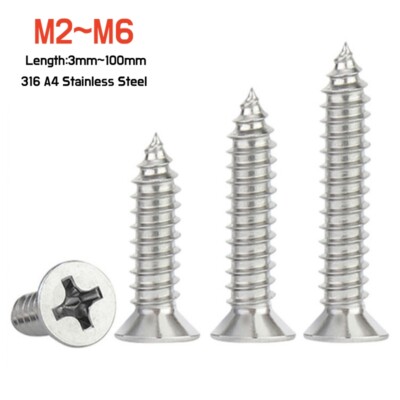 Countersunk Flat Head Phillips Self Tapping Screw 316 A4 Stainless Steel M2-M6