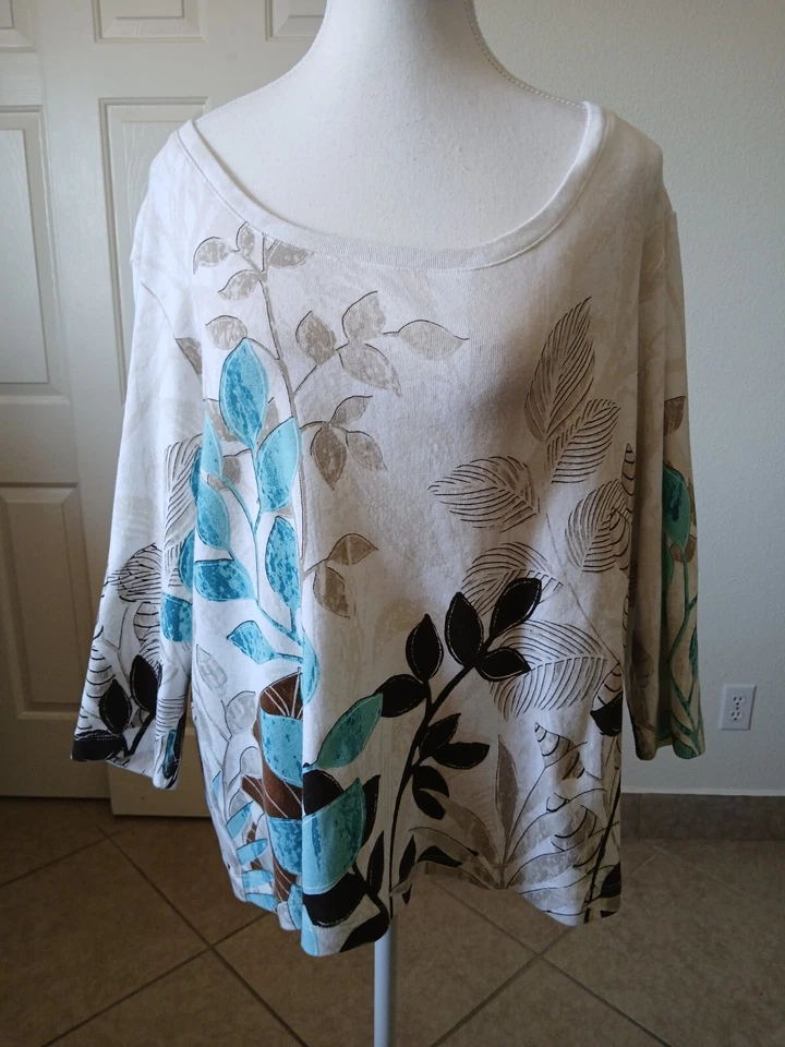 Camiseta Additions By Chicos Mujer Manga 3/4 Algodón Talla Grande 3 Blanca Floral Foto 3 de 4