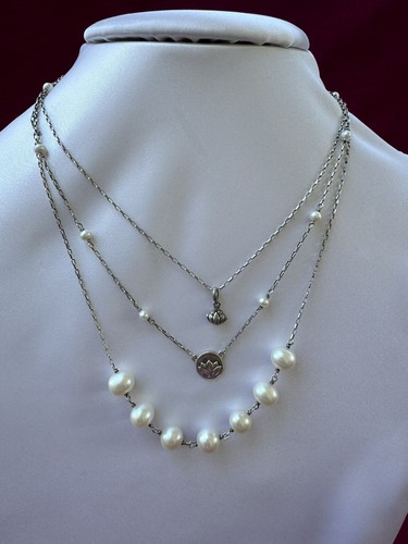 JANICE GIRARDI JGD Sterling Silver 925 Pearl & Lotus Pendant 3 Strands Necklace