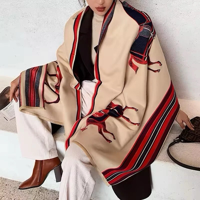 New Luxurious Thickened Warm Winter Cashmere Pashmina Horse Design Scarf Wrap UK