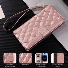 Luxury Leather Wallet Case For Various Phone Holder Stand +Hand Strap Holder