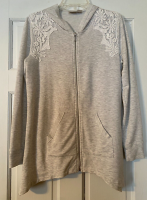 CHICO'S ZENERGY Hoodie SZ 0 Gray Full Zip Lace Trim Pockets Long