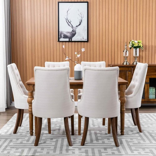 Set of 2/4/6 Fabric Dining Chairs Upholstered Chair w/ Wooden D-Brown Leg - Picture 7 of 14