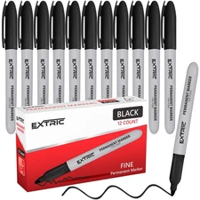 EXTRIC 12 Count Fine Point Black Markers - Quick Dry Works on All Surfaces