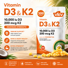 K2 Corefeel Vitamin D3 VEV 10,000 IU, 200 mcg MK-7, 300 Coconut Oil Softgels