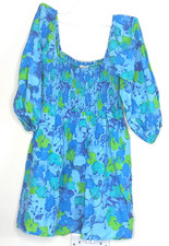 Urban Outfitters Small Blue Green Floral Linen Puffball Sleeve Mini Summer Dress