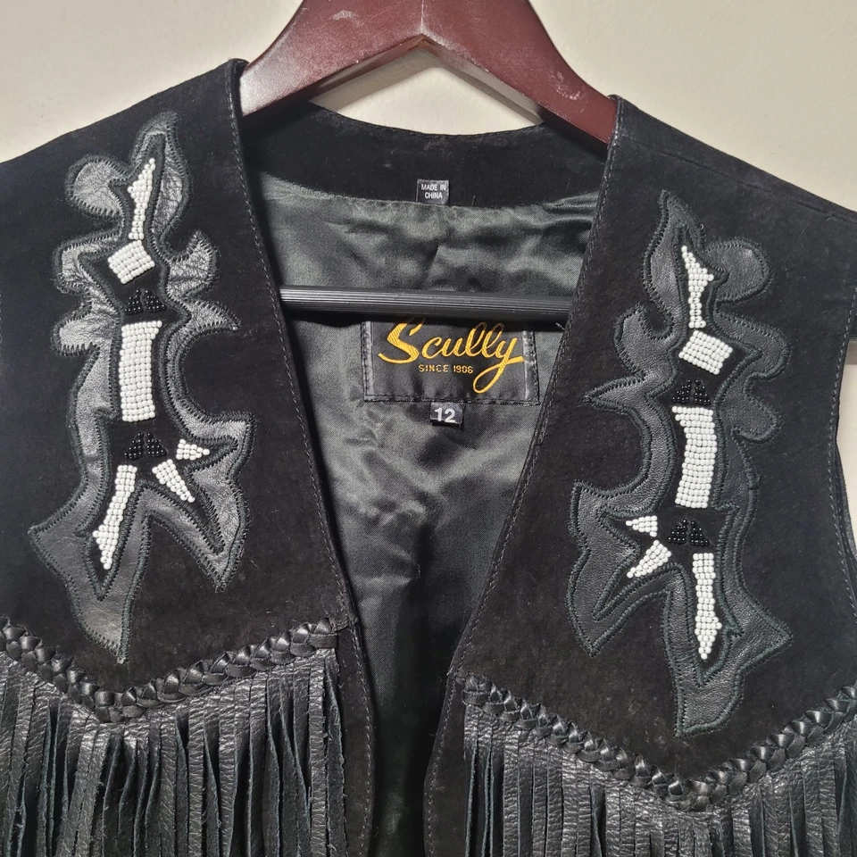 Scully Western Fringe Suede Leather Vest Black Beaded Embroidered Size 12 Boho - Image 3 of 4