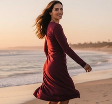 Express Women's Maroon Bodycon Sweater Dress Long Sleeve Knit Rutched Detail M