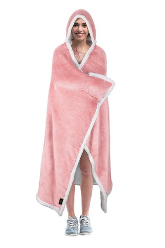 Sherpa Hooded Blanket - Warm & Cozy Wearable Cuddle Throw, Solid Flannel, 47'... - Picture 2 of 6