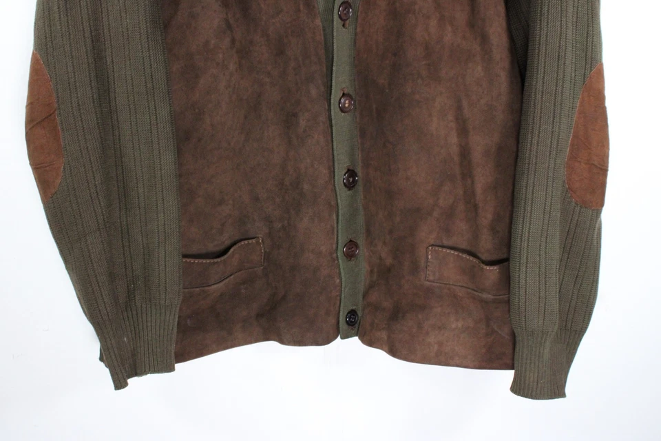 Vintage Country Cardigan Suede Knit Jacket Brown Olive Shooting Elbow Patch L - Image 3 of 4