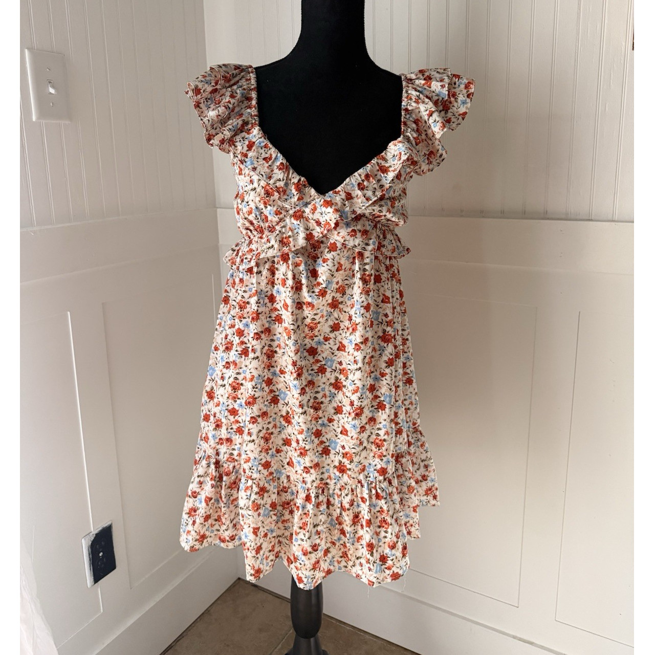 Floral Ruffle Smocked Short Sleeve Sundress White Red Orange V-Neck