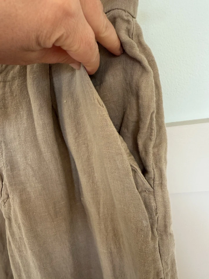 Pantalón Zara Pierna Ancha Lino Mujer’s Mediano Caqui Beige Plisado Bolsillos Botón Foto 2 de 4