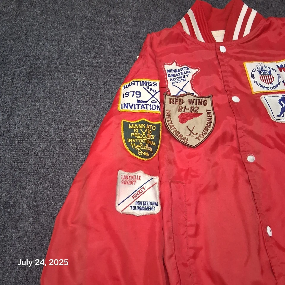 Chaqueta Bomber Vintage Años 70 80 Minnesota Amateur Hockey Satinado Roja Talla Mediana Foto 4 de 4