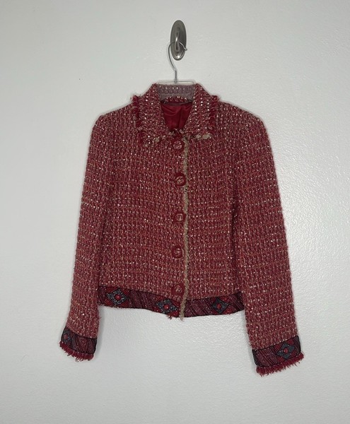 Blumarine Italy Designer Wool Blend Beaded Red Tweed Jacket EU Size 44 US 10
