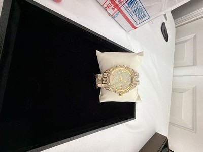 TechnoMarine Iced Out Gold Tone Crystal Watch with Rainbow Markers