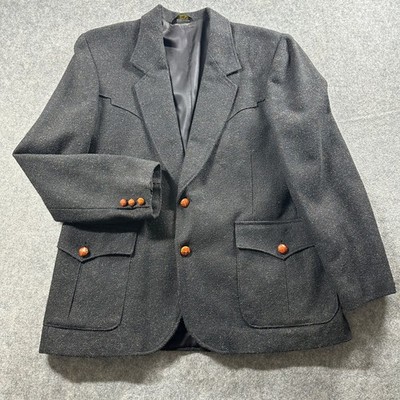 Pioneer Wear Western Blazer Mens 44 Black Wool Blend Flecked Leather Buttons USA