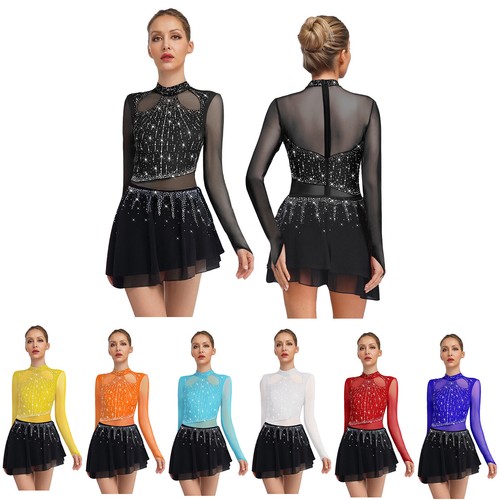 Women's Skating Leotard Mesh Long Sleeve Ballroom Costumes High Low Dancewear - Picture 3 of 80