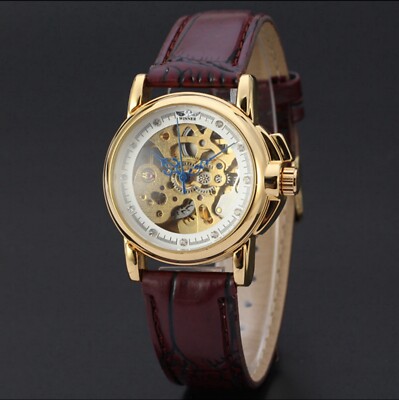 Womens Automatic Transparent Skeleton PU Leather Band Ladies 