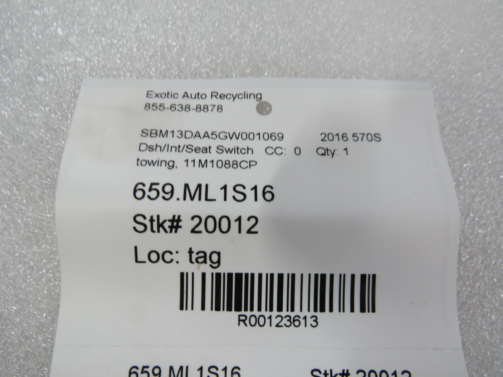 McLaren 570S, Towing Seat Switch, Used, P/N 11M1088CP