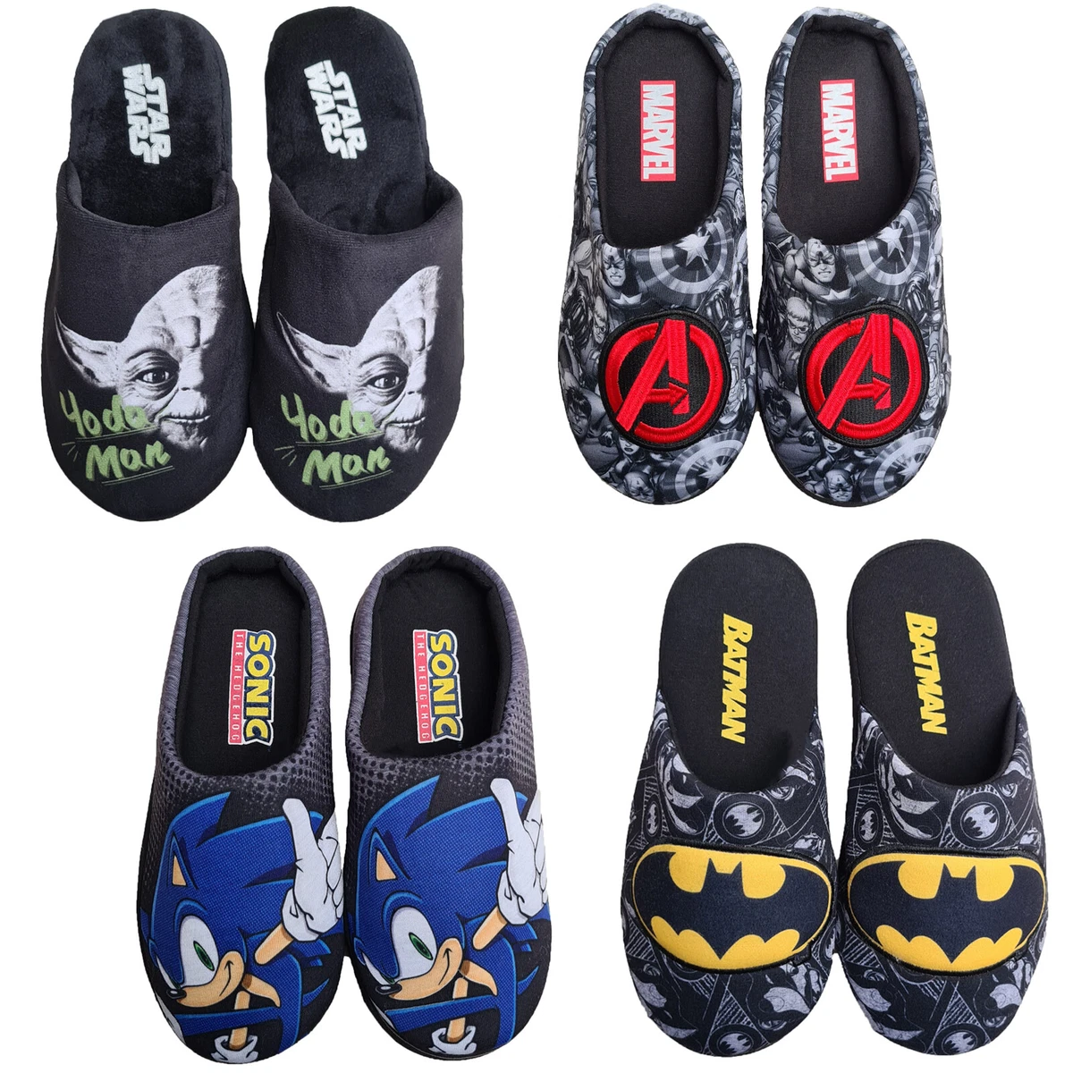 Mens Novelty Slippers Batman Sonic Avengers Yoda Slip On Mule Comic Fun Indoor