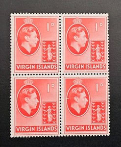 BRITISH VIRGIN ISLANDS 1938 KGVI SG 111a One Pence 1d SCARLET BLOCK STAMPS MNH