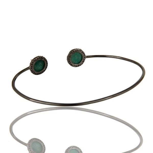14K Solid Gold Pave Set Diamond And Natural Dyed Emerald Adjustable Bangle - Image 3 of 4