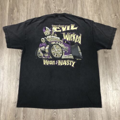 T-Shirt Vintage Hotrod Evil Wicked Mean And Nasty Sun Sbiadisce Effetto Antigresso Y2K XL - Foto 1 di 10
