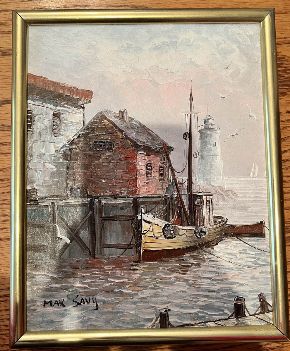 Framed - Signed Max Savy Oil Painting - Harbor Lighthouse Dock