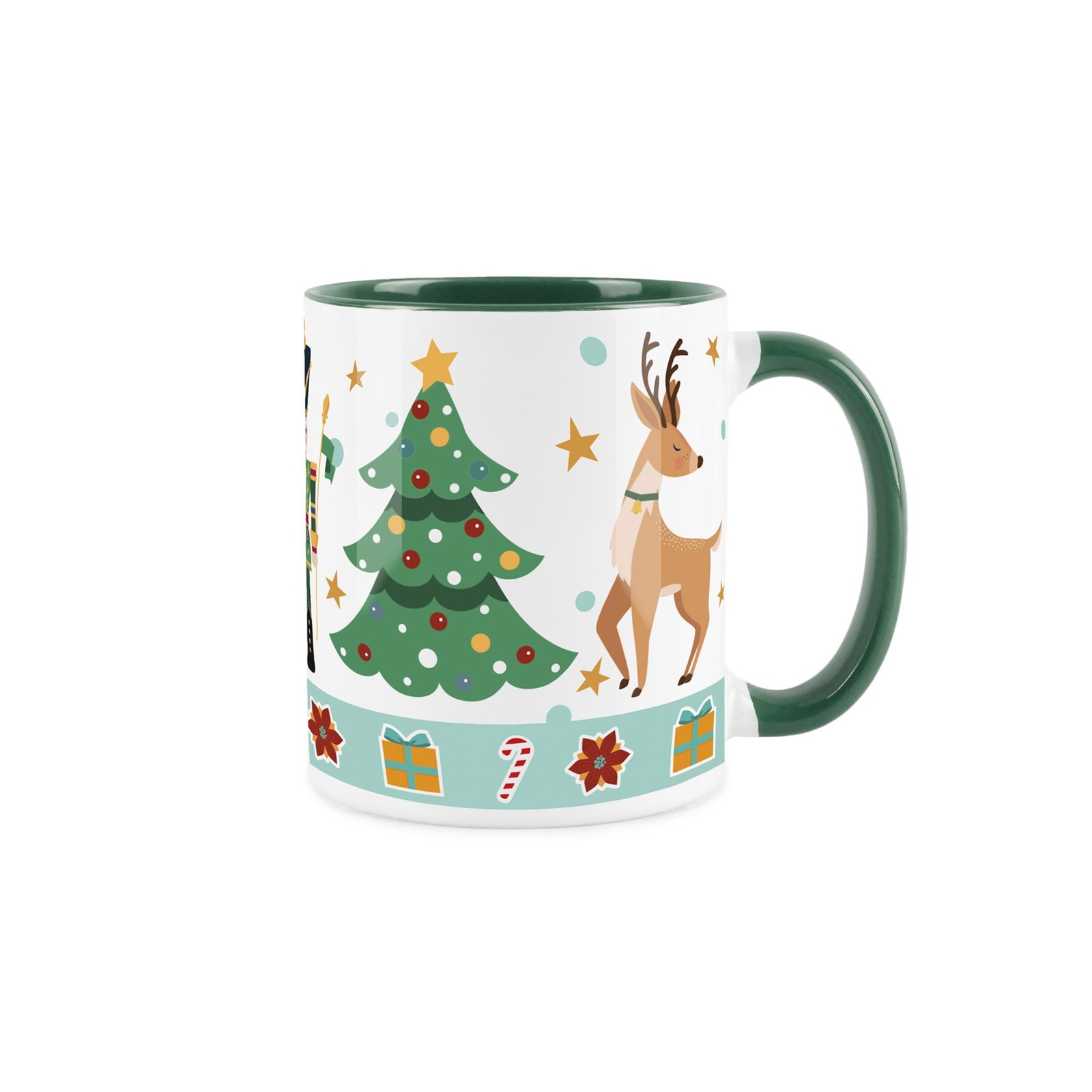 Festive Nutcracker & Reindeer Green Christmas Mug