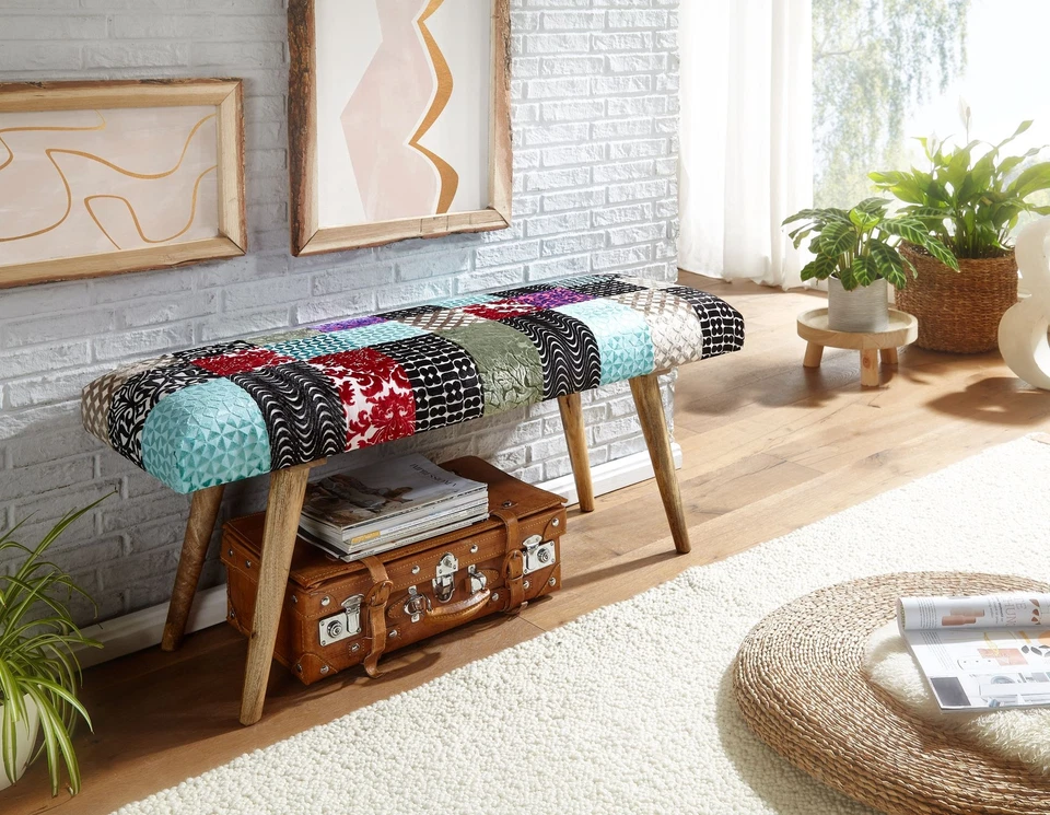 Sitzbank FineBuy Bettbank Samt 117 cm Patchwork Flurbank Polsterbank Bank Modern - Bild 2 von 4