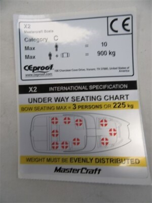 MASTERCRAFT X2 CATEGORY C INTERNATIONAL BOW SEATING MAX = 3 PERSONS DECAL BOAT