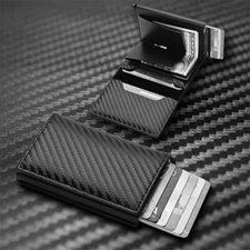 Mens Carbon Fiber Card Holder Leather Mini Wallet Purse Rfid Pop Up Card Case